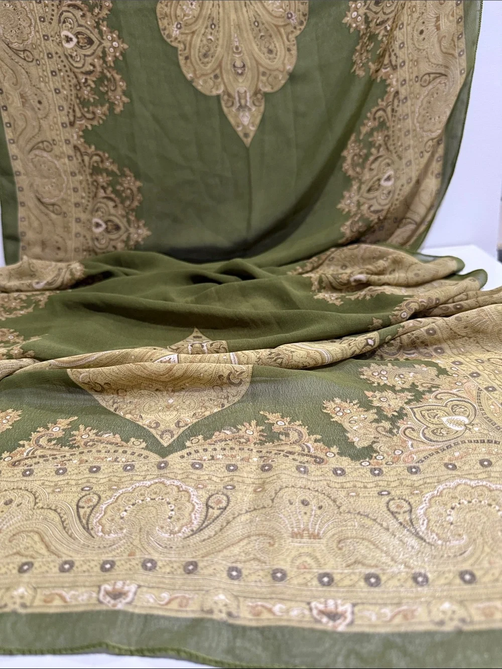 Olive Green Paisley Border Scarf - Women Accessories Scarves & Wraps 64” by 21”